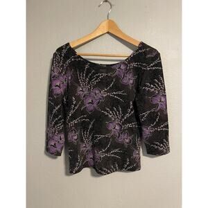 Vintage Womens Top Large Black Floral Glitter Deadstock Whimsigoth Fairy Y2K